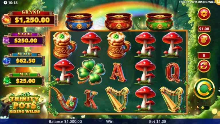 Tampilan visual slot Trinity Pots Rising Wilds dengan tema Irlandia